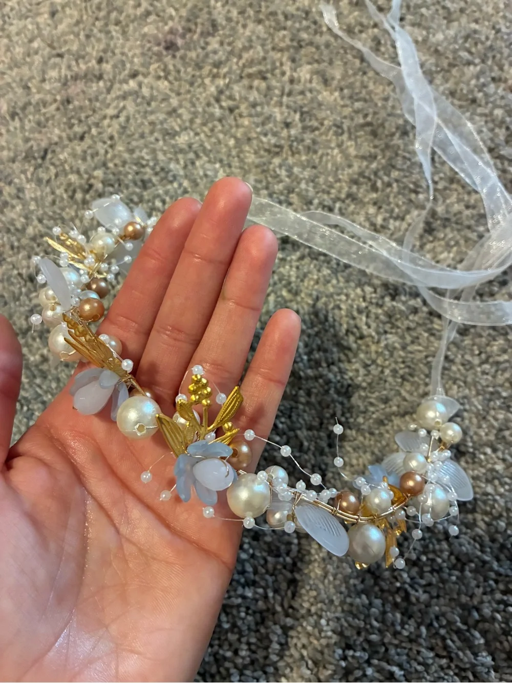 KissProm Girls Delicate Pearl & Blue Floral Bridal Headband